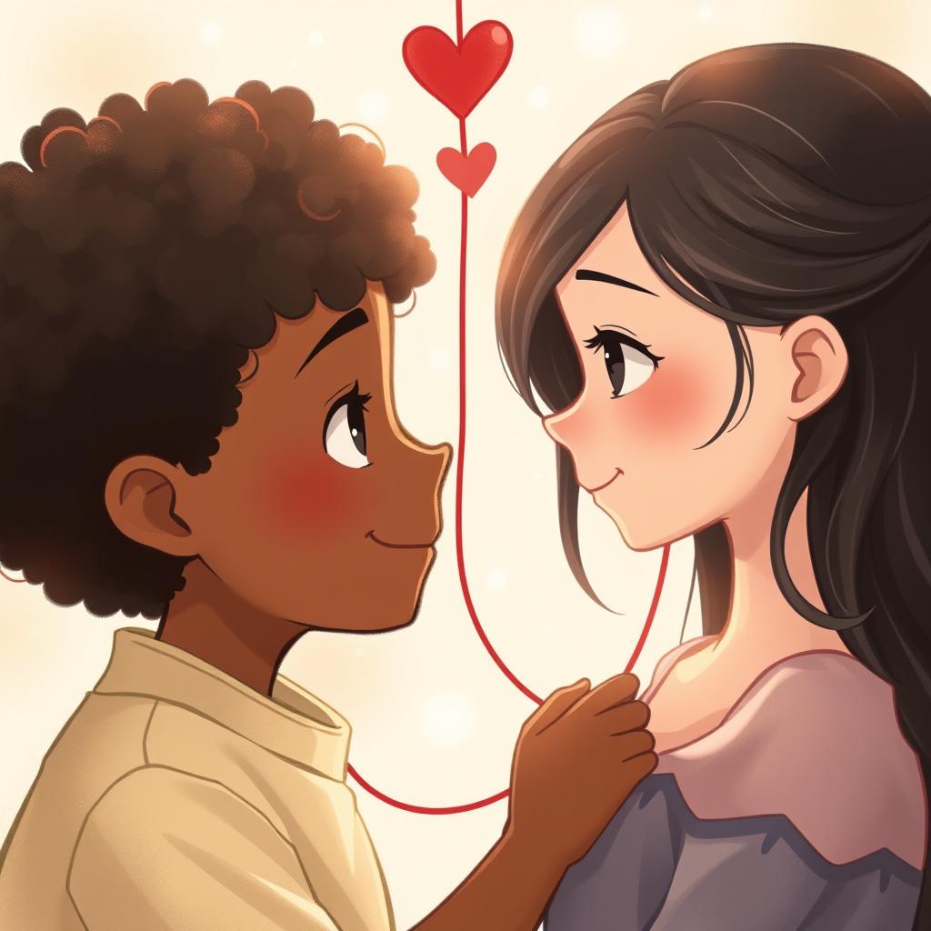 A boy with curly brown skin and curly hair connected by a red string of fate to a girl with fair skin and long dark hair