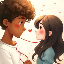 A boy with curly brown skin and curly hair connected by a red string of fate to a girl with fair skin and long dark hair