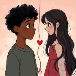 A boy with curly brown skin and curly hair connected by a red string of fate to a girl with fair skin and long dark hair