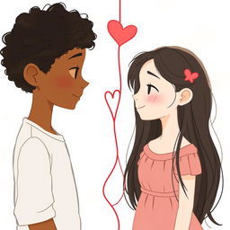 A boy with curly brown skin and curly hair connected by a red string of fate to a girl with fair skin and long dark hair