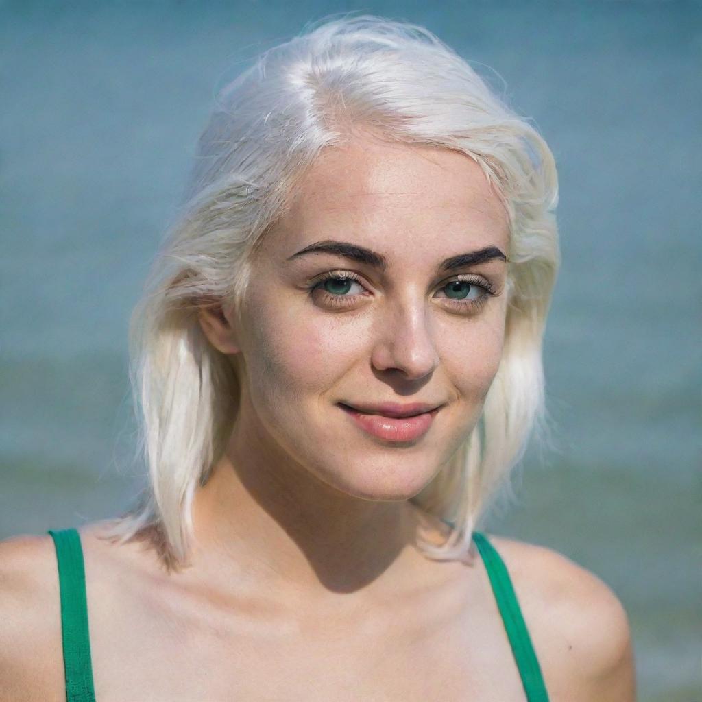 Photograph of a 30-year-old, average-build girl with white hair, wearing a swimsuit. Features include long square proportional facial characteristics, dimples in the cheeks, bow lips, large black eyebrows, smooth medium green eyes, and swarthy skin