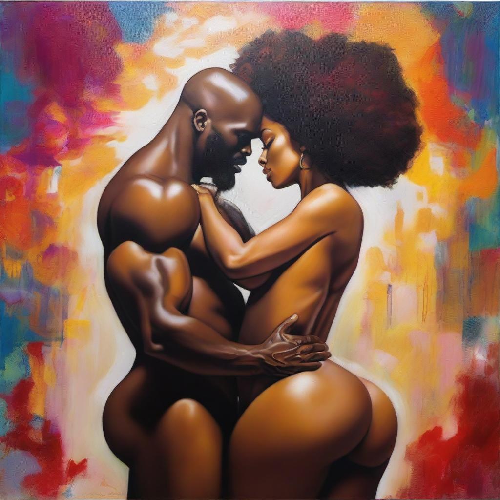 A polished, finished oil-based painting featuring a full-body view of a sexy black woman with an afro, beautiful breasts, and a big booty being kissed by a bald-headed muscular black man