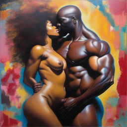 A polished, finished oil-based painting featuring a full-body view of a sexy black woman with an afro, beautiful breasts, and a big booty being kissed by a bald-headed muscular black man