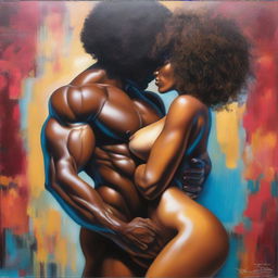 A polished, finished oil-based painting featuring a full-body view of a sexy black woman with an afro, beautiful breasts, and a big booty being kissed by a bald-headed muscular black man