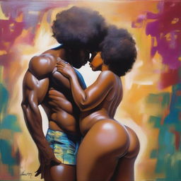 A polished, finished oil-based painting featuring a full-body view of a sexy black woman with an afro, beautiful breasts, and a big booty being kissed by a bald-headed muscular black man