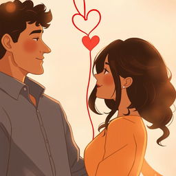 A tall man with light brown skin and curly hair connected by a red string of fate to a woman with light brown skin and long dark hair