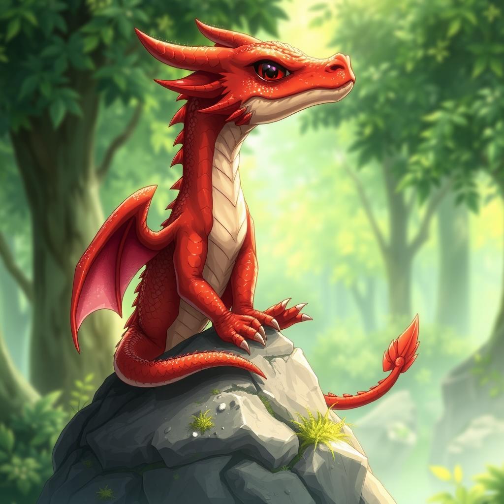 A small red drake with shimmering scales and delicate wings, depicted in an anime style