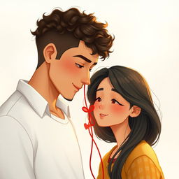 A tall man with light brown skin and curly hair connected by a red string of fate to a woman with light brown skin and long dark hair