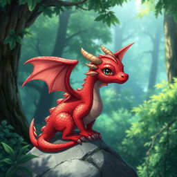 A small red drake with shimmering scales and delicate wings, depicted in an anime style