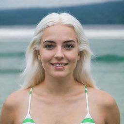 Photograph of a 30-year-old, average-build girl with white hair, wearing a swimsuit. Features include long square proportional facial characteristics, dimples in the cheeks, bow lips, large black eyebrows, smooth medium green eyes, and swarthy skin