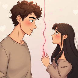 A tall man with light brown skin and curly hair connected by a red string of fate to a woman with light brown skin and long dark hair