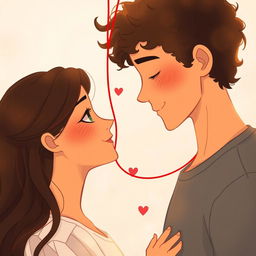 A tall man with light brown skin and curly hair connected by a red string of fate to a woman with light brown skin and long dark hair