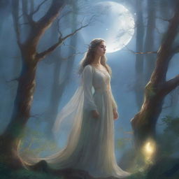 A mystical forest bathed in the soft, ethereal light of the moon