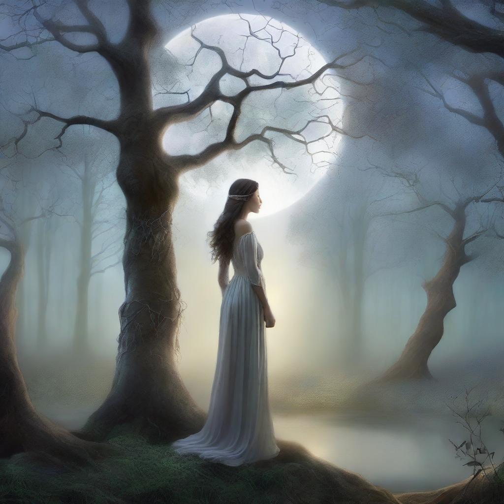 A mystical forest bathed in the soft, ethereal light of the moon