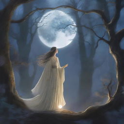 A mystical forest bathed in the soft, ethereal light of the moon