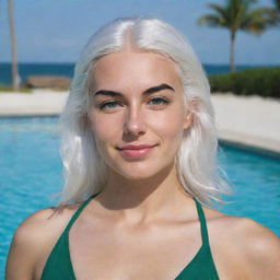 Photograph of a 30-year-old, average-build girl with white hair, wearing a swimsuit. Features include long square proportional facial characteristics, dimples in the cheeks, bow lips, large black eyebrows, smooth medium green eyes, and swarthy skin