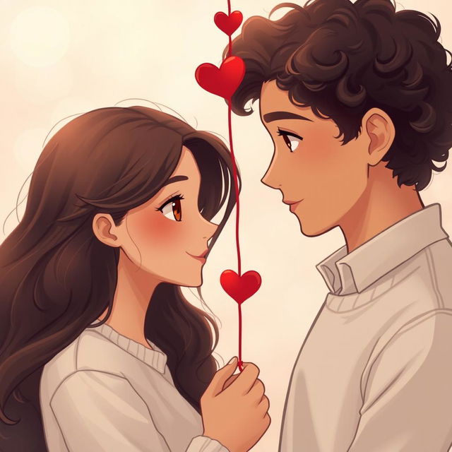 A tall young man with light brown skin and ear-length curly hair connected by a red string of fate to a young woman with large, beautiful brown eyes, light brown skin, and long, wavy, dark hair