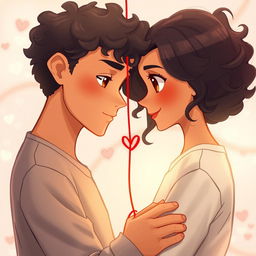 A tall young man with light brown skin and ear-length curly hair connected by a red string of fate to a young woman with large, beautiful brown eyes, light brown skin, and long, wavy, dark hair