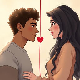 A tall young man with light brown skin and ear-length curly hair connected by a red string of fate to a young woman with large, beautiful brown eyes, light brown skin, and long, wavy, dark hair