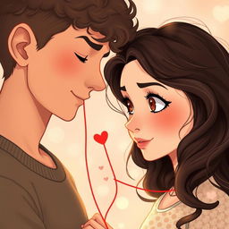 A tall young man with light brown skin and ear-length curly hair connected by a red string of fate to a young woman with large, beautiful brown eyes, light brown skin, and long, wavy, dark hair