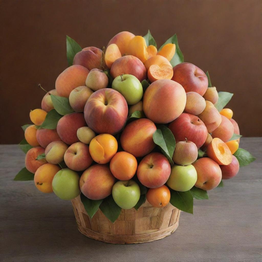 A visually striking edible bouquet composed of juicy peaches, crisp apples, and fresh tangerines. Each piece of fruit is perfectly ripe and arranged in a dynamic layout, creating an enticing display of colors and textures.