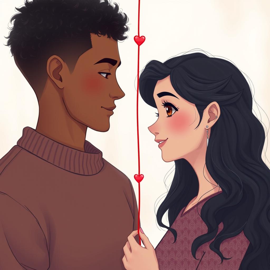 A tall young man with light brown skin and well-defined, ear-length curly hair connected by a red string of fate to a young woman with large, beautiful brown eyes, light brown skin, long, wavy dark hair, and piercings on her ears