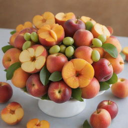 A visually striking edible bouquet composed of juicy peaches, crisp apples, and fresh tangerines. Each piece of fruit is perfectly ripe and arranged in a dynamic layout, creating an enticing display of colors and textures.