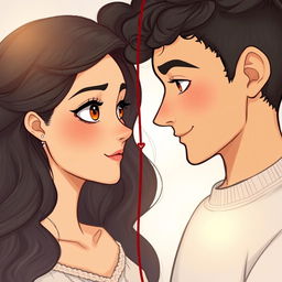 A tall young man with light brown skin and well-defined, ear-length curly hair connected by a red string of fate to a young woman with large, beautiful brown eyes, light brown skin, long, wavy dark hair, and piercings on her ears