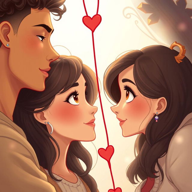 A tall young man with light brown skin and well-defined, ear-length curly hair connected by a red string of fate to a young woman with large, beautiful brown eyes, light brown skin, long, wavy dark hair, and piercings on her ears