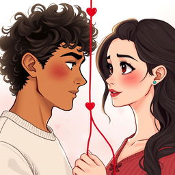 A tall young man with light brown skin and well-defined, ear-length curly hair connected by a red string of fate to a young woman with large, beautiful brown eyes, light brown skin, long, wavy dark hair, and piercings on her ears