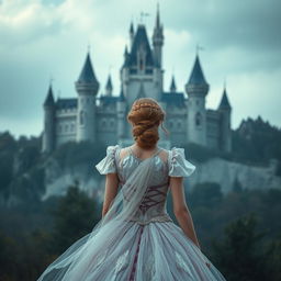 Uma princesa vista de longe, em um cenário majestoso com um castelo ao fundo