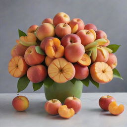 A visually striking edible bouquet composed of juicy peaches, crisp apples, and fresh tangerines. Each piece of fruit is perfectly ripe and arranged in a dynamic layout, creating an enticing display of colors and textures.