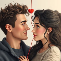 A tall man with light brown skin, well-defined and messy ear-length curly hair, connected by a red string of fate to a young woman with large, beautiful brown eyes, light brown skin, long, wavy dark hair, and piercings on her ears, measuring 1