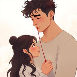 A tall man with light brown skin, well-defined and messy ear-length curly hair, connected by a red string of fate to a young woman with large, beautiful brown eyes, light brown skin, long, wavy dark hair, and piercings on her ears, measuring 1