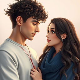 A tall man with light brown skin, well-defined and messy ear-length curly hair, connected by a red string of fate to a young woman with large, beautiful brown eyes, light brown skin, long, wavy dark hair, and piercings on her ears, measuring 1