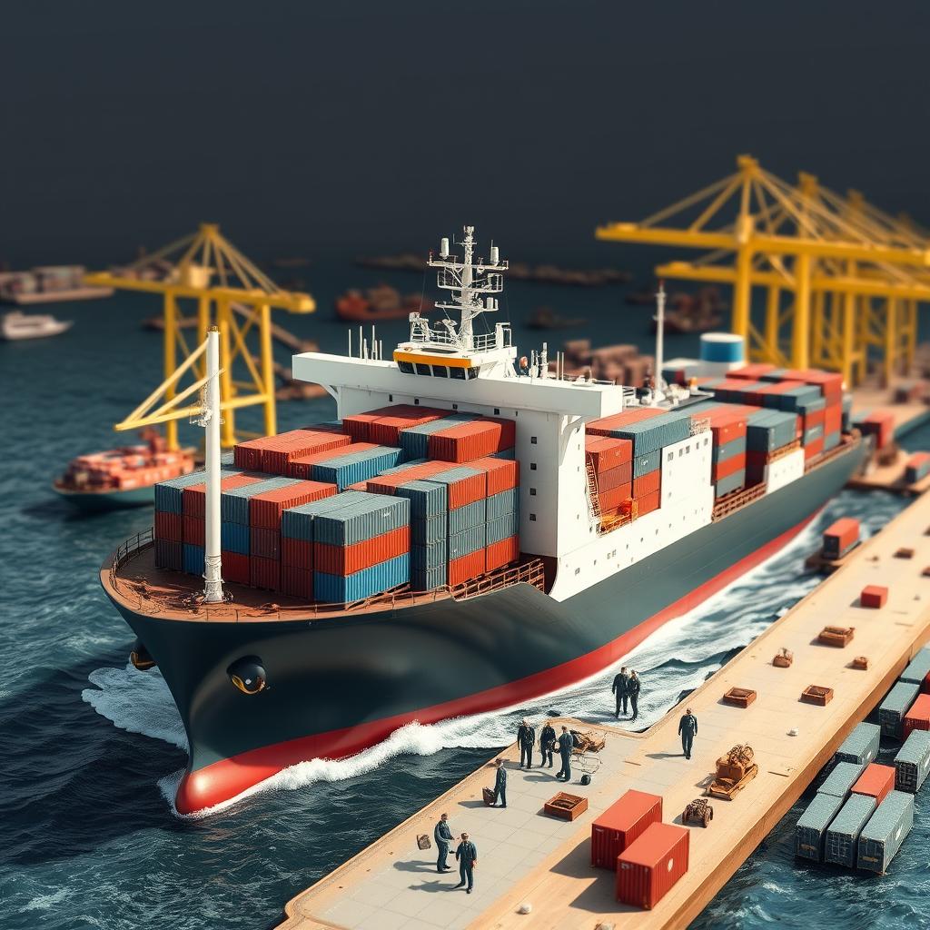 A detailed design of a shipping expedition featuring a large cargo ship, containers, and crew members working
