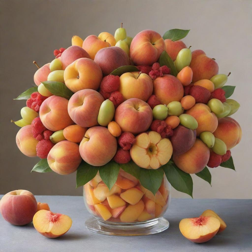 A visually striking edible bouquet composed of juicy peaches, crisp apples, and fresh tangerines. Each piece of fruit is perfectly ripe and arranged in a dynamic layout, creating an enticing display of colors and textures.