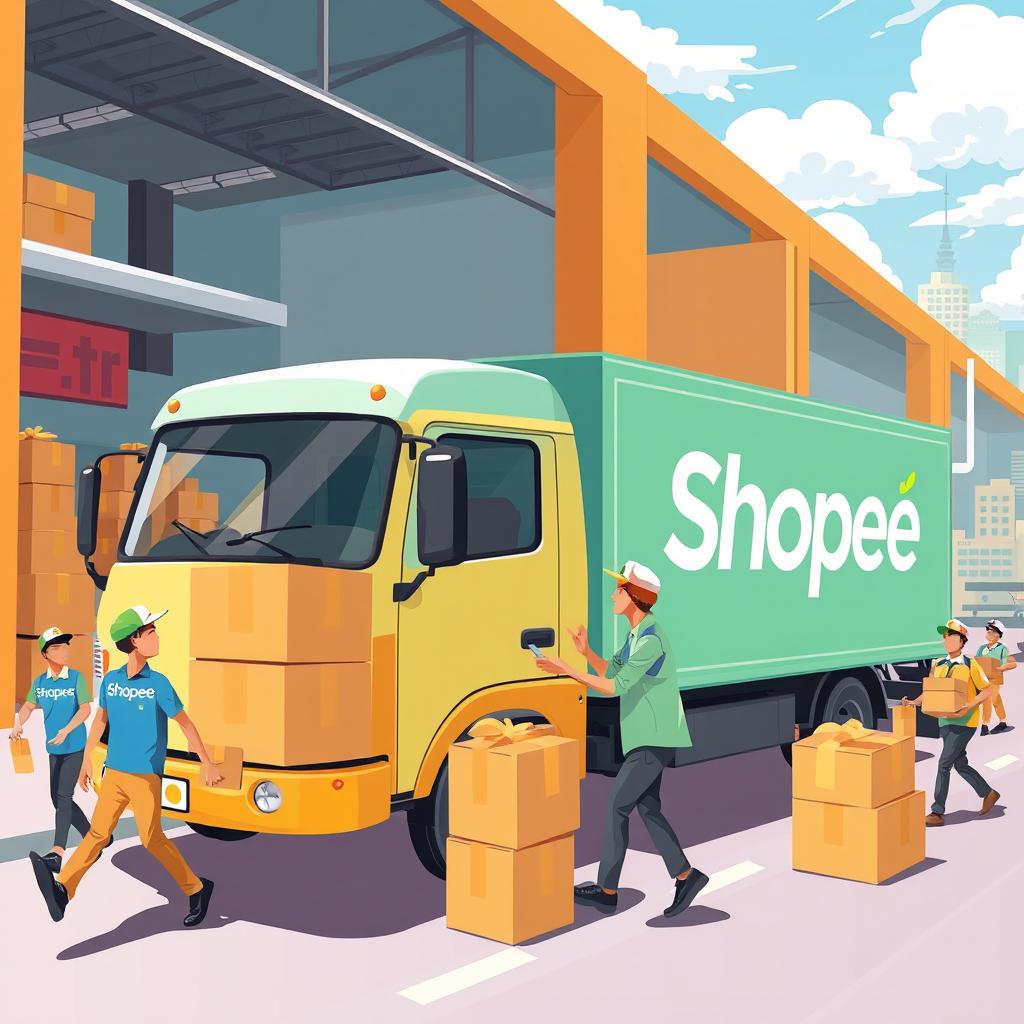 A vibrant and dynamic illustration of a Shopee Express expedition