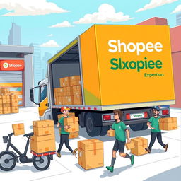 A vibrant and dynamic illustration of a Shopee Express expedition