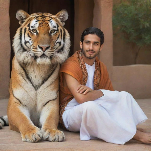 A handsome, bearded Arab youth in traditional dress, sitting in tranquillity with a magnificent tiger, symbolizing courage and tranquillity.