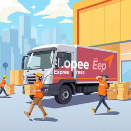 A vibrant and dynamic illustration of a Shopee Express expedition