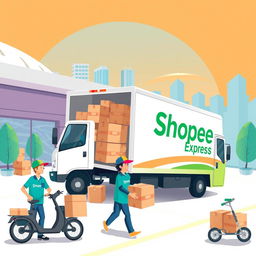 A vibrant and dynamic illustration of a Shopee Express expedition