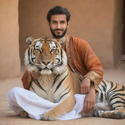 A handsome, bearded Arab youth in traditional dress, sitting in tranquillity with a magnificent tiger, symbolizing courage and tranquillity.