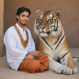 A handsome, bearded Arab youth in traditional dress, sitting in tranquillity with a magnificent tiger, symbolizing courage and tranquillity.