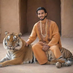 A handsome, bearded Arab youth in traditional dress, sitting in tranquillity with a magnificent tiger, symbolizing courage and tranquillity.