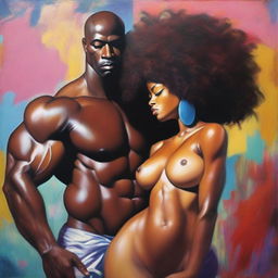 A polished, finished oil-based painting featuring a full-body view of a sexy black woman with an afro, beautiful breasts, and a big booty being held by a handsome, bald-headed, muscular black man