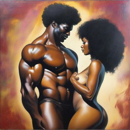 A polished, finished oil-based painting featuring a full-body view of a sexy black woman with an afro, beautiful breasts, and a big booty being held by a handsome, bald-headed, muscular black man