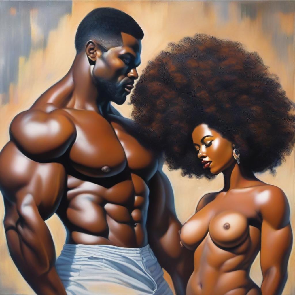 A polished, finished oil-based painting featuring a full-body view of a sexy black woman with an afro, beautiful breasts, and a big booty being held by a handsome, bald-headed, muscular black man