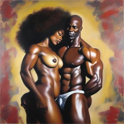 A polished, finished oil-based painting featuring a full-body view of a sexy black woman with an afro, beautiful breasts, and a big booty being held by a handsome, bald-headed, muscular black man