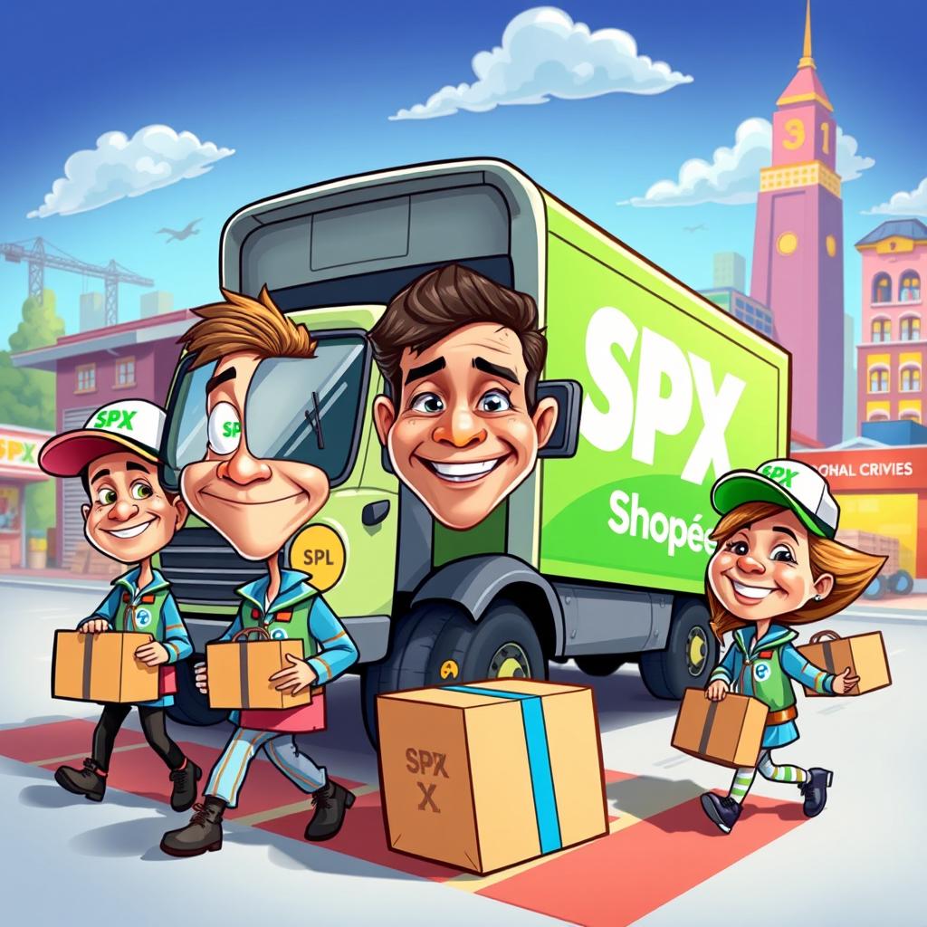 A fun and whimsical caricature design of an SPX Shopee expedition